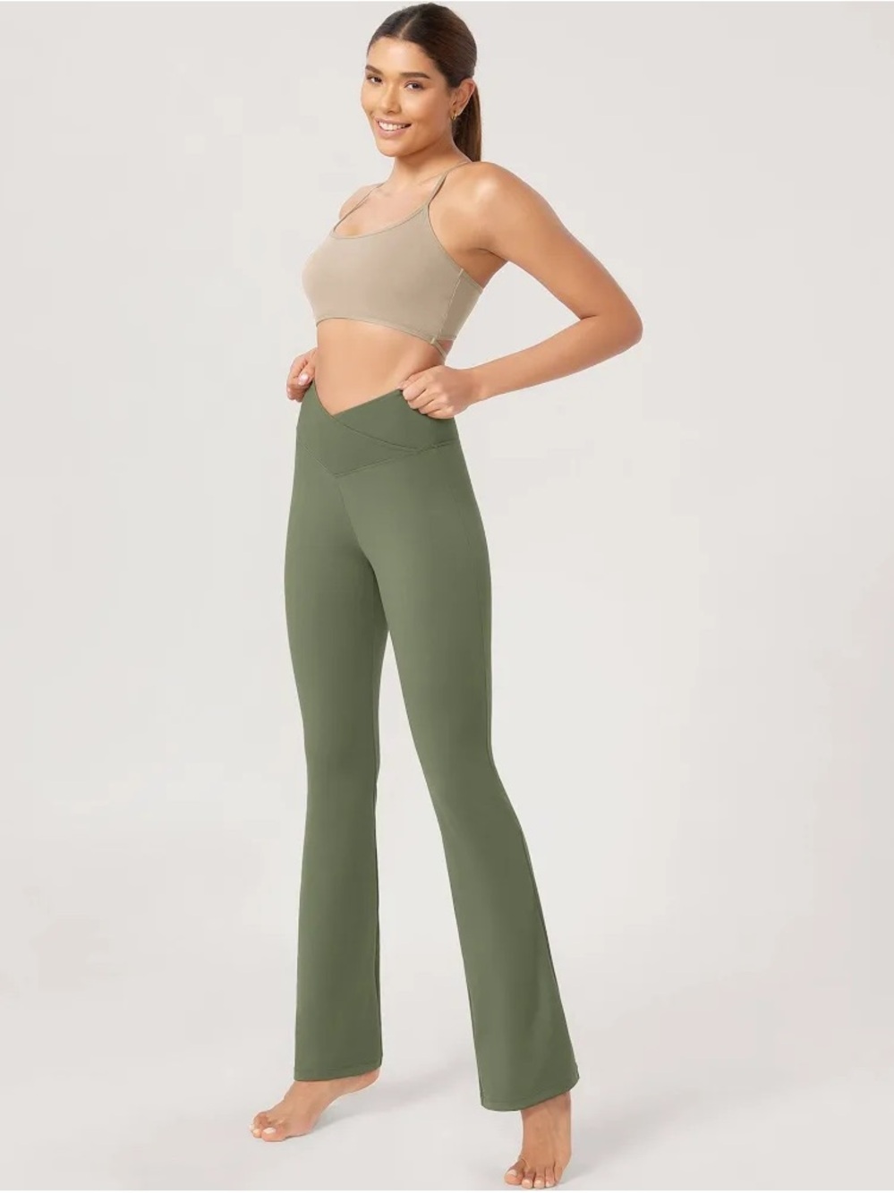 Ododos Cloud Feel 32” Crossover Waist Bootcut Lounge Yoga Pant Sage Green Medium